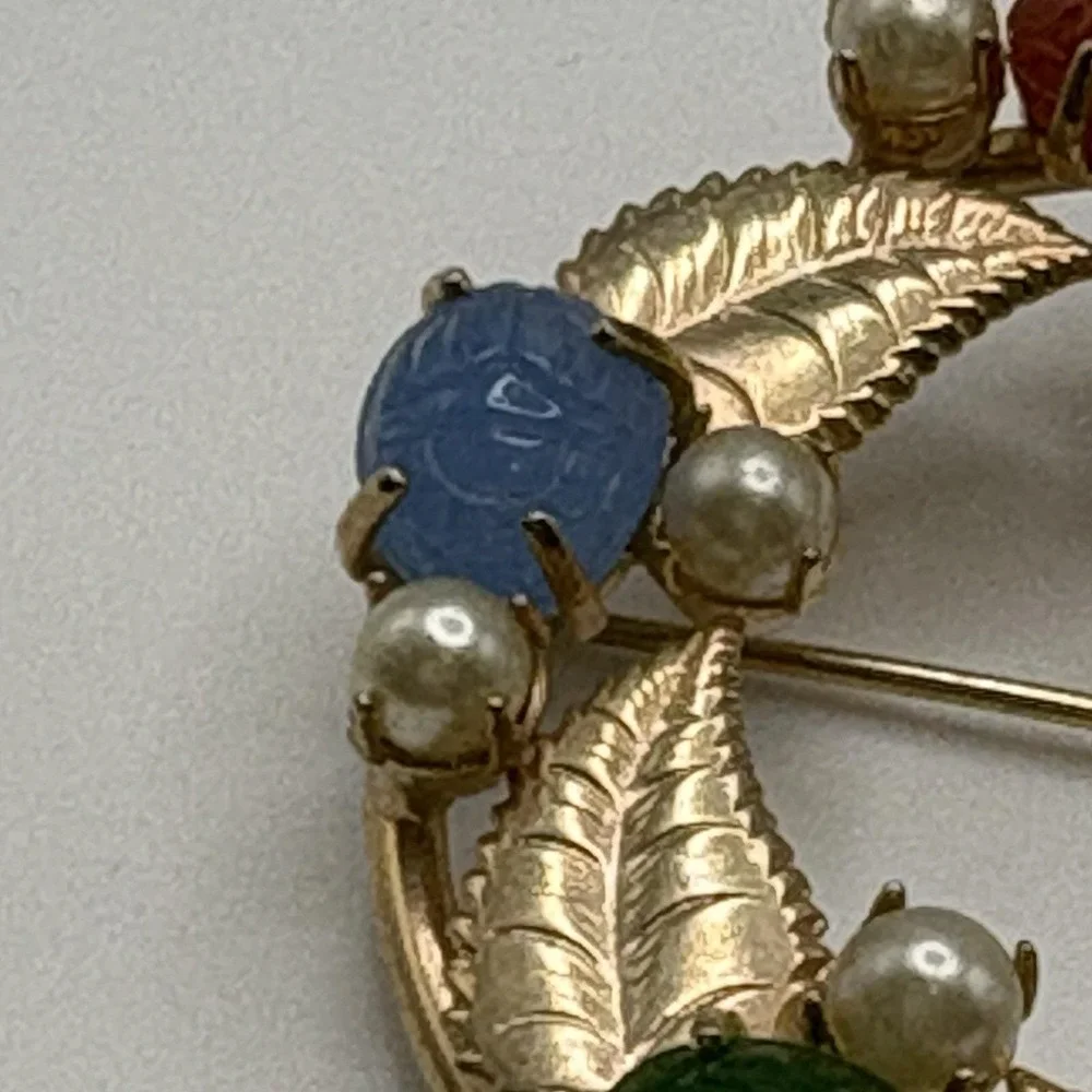Vintage Scarab Brooch Gold Filled Carved Stone Faux Pearls Wreath